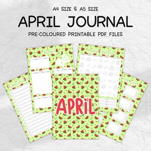 May include: Printable April journal pages with a watermelon pattern. The pages include a budget tracker, mood tracker, highlight of, and to-do list.