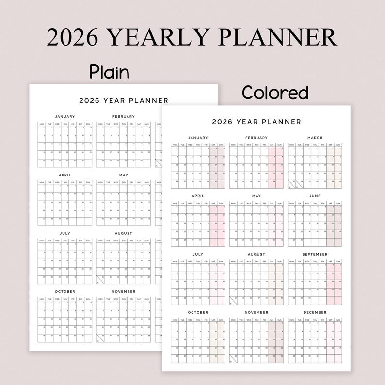2026 Yearly Calendar Printable | A1 to A5 Pages | Coloured & Black N