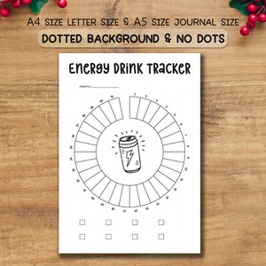 Può includere: Pagina di diario bianca per il monitoraggio delle bevande energetiche con il testo "ENERGY DRINK TRACKER". La pagina presenta un design circolare con numeri e un disegno di una lattina di bevanda energetica.