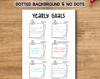 May include: A white journal page with the text "Yearly Goals" and sections for Health, Money, Hobbies, Relationships, Work, and Growth. Each section has handwritten goals. The top text reads "A4 SIZE LETTER SIZE & A5 SIZE JOURNAL SIZE".