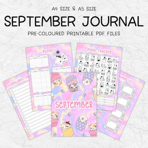 May include: A collection of printable PDF journal pages with a pastel tie-dye background. The pages include a budget tracker, mood tracker, and to-do list. The cover says "September Journal" and features cartoon cats.