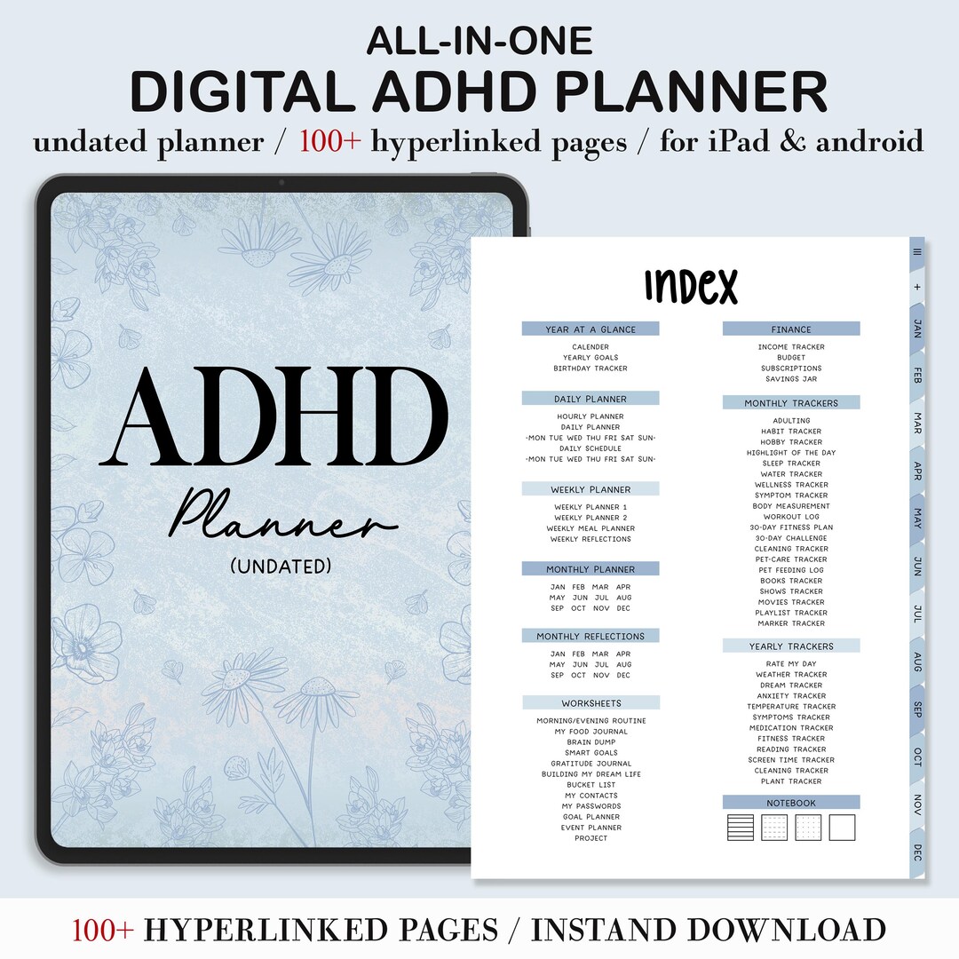 ADHD Digital Planner - Blue | Undated & Hyperlinked PDF | Daily, Weekly ...