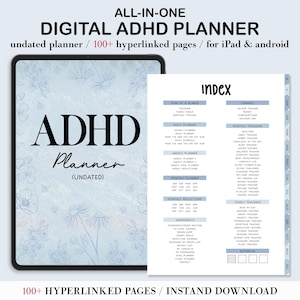 Puede incluir: Planificador digital de TDAH con una página de índice y una tableta que muestra el planificador. El planificador incluye secciones para la planificación diaria, semanal y mensual, así como rastreadores financieros y anuales. El planificador no está fechado y tiene más de 100 páginas con hipervínculos.