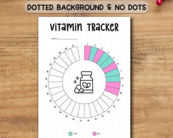 Pode incluir: Uma página de diário branca do Vitamin Tracker com um design circular para rastrear a ingestão de vitaminas. A página inclui o texto "Vitamin Tracker", um ícone de frasco de comprimidos e um gráfico codificado por cores para registrar respostas "Sim" e "Não".