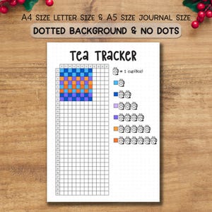 Könnte beinhalten: Eine weiße Tea Tracker-Journalseite mit einem Raster zur Verfolgung des Teekonsums. Die Seite enthält den Text "Tea Tracker", ein farbenfrohes Raster und den Text "A4 SIZE LETTER SIZE & A5 SIZE JOURNAL SIZE DOTTED BACKGROUND & NO DOTS".