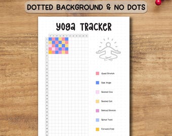 May include: A white yoga tracker sheet with the text "YOGA TRACKER" at the top. The sheet includes a grid for tracking yoga poses, a color-coded key, and the text "A4 SIZE LETTER SIZE & A5 SIZE JOURNAL SIZE".
