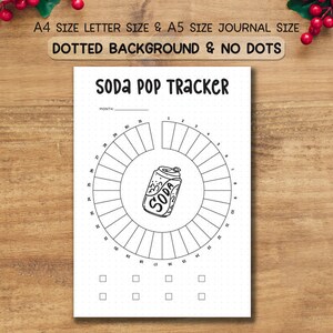 Puede incluir: Una página de diario blanca "Soda Pop Tracker" con un diseño circular para rastrear el consumo de refrescos. La página incluye una ilustración de una lata de refresco y el texto "A4 SIZE LETTER SIZE & A5 SIZE JOURNAL SIZE".