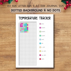 Puede incluir: Una página de diario blanca con un rastreador de temperatura y una cuadrícula para entradas diarias. El texto superior dice "A4 SIZE LETTER SIZE & A5 SIZE JOURNAL SIZE" y "DOTTED BACKGROUND & NO DOTS". El diario incluye una escala de temperatura codificada por colores de -30°C a 40°C.