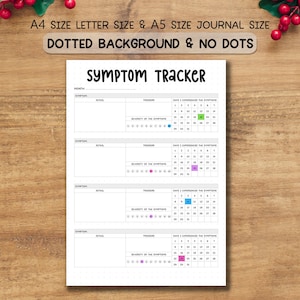 Puede incluir: Una página de diario blanca para el seguimiento de síntomas con el título "SYMPTOM TRACKER". La página incluye secciones para el seguimiento de síntomas, detalles, desencadenantes y un calendario para marcar los días experimentados. El texto "A4 SIZE LETTER SIZE & A5 SIZE JOURNAL SIZE" está en la parte superior.