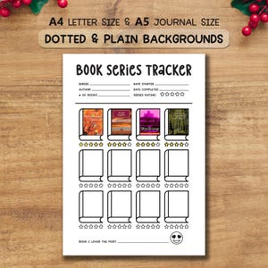 Könnte beinhalten: Ein weißes Book Series Tracker-Blatt mit dem Text "A4 LETTER SIZE & A5 JOURNAL SIZE" und "DOTTED & PLAIN BACKGROUNDS". Der Tracker enthält Felder für Serien, Autor und Buchbewertungen mit Buchcover-Illustrationen.