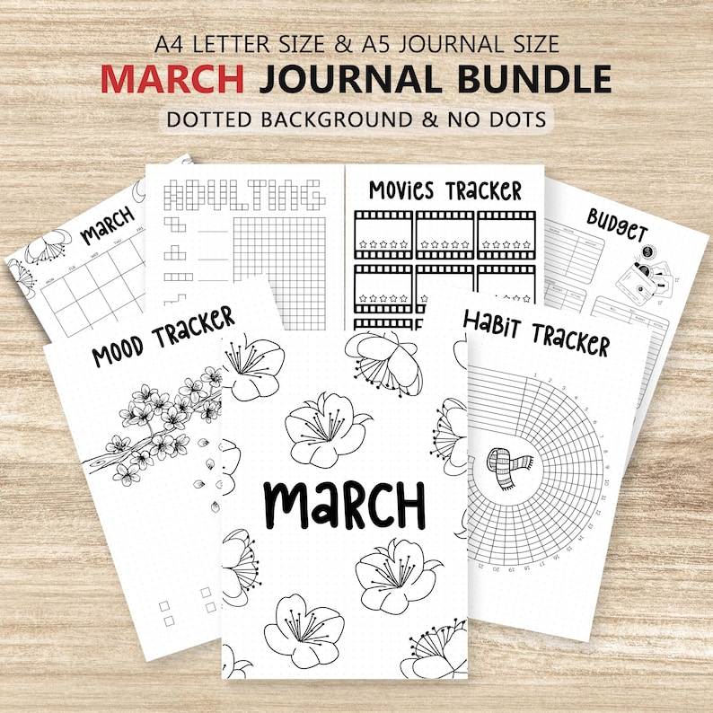 March Journal Bundle Printable PDF | A4 A5 Monthly Calendar | Habit ...