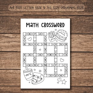 Op de afbeelding: Een wit wiskundekruiswoordraadsel met de titel "MATH CROSSWORD" en schattige voedselillustraties. De puzzel is ontworpen voor A4- en A5-papier. Het kruiswoordraadsel bevat optel- en aftreksommen.