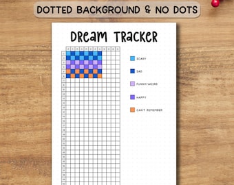 May include: A white Dream Tracker journal page with a grid for tracking dreams. The title "Dream Tracker" is at the top. Color-coded boxes represent dream emotions: scary, sad, funny/weird, happy, and can't remember. The text "A4 SIZE LETTER SIZE & A5 SIZE JOURNAL SIZE" is at the top.