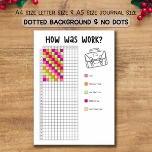 May include: A white journal page with the text "HOW WAS WORK?" and a grid for tracking daily work experiences. Includes a color-coded key for emotions like "FUN" and "STRESSFUL". The journal is available in A4 and A5 sizes.