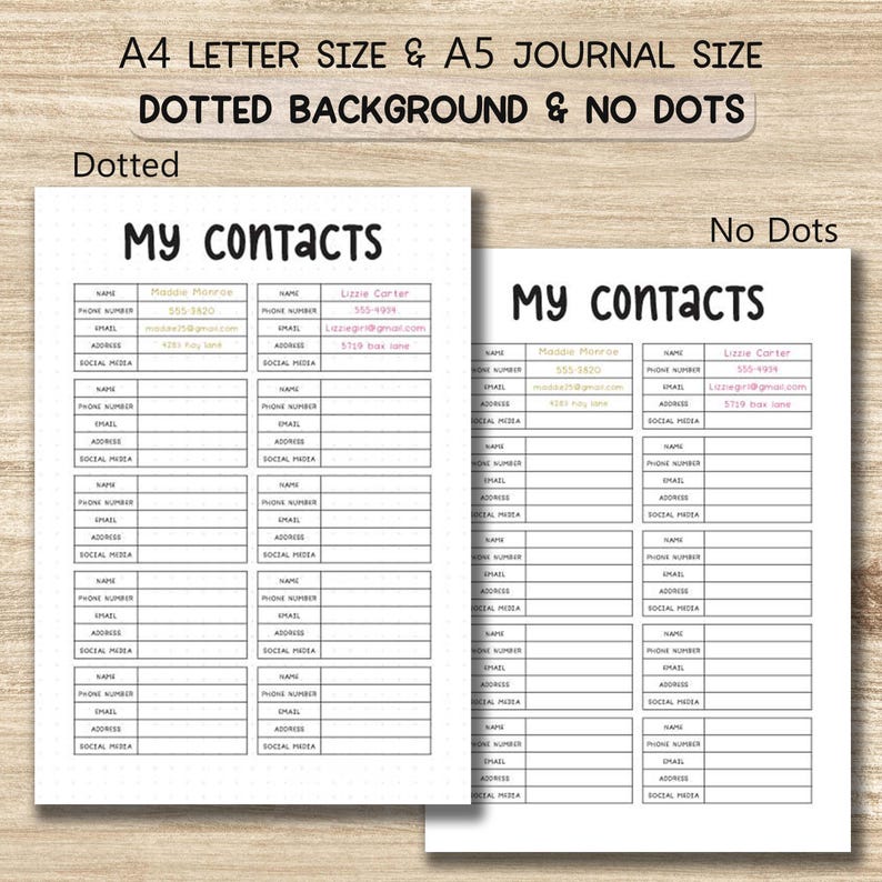 Contacts Organizer Printable PDF | A4 A5 Dotted & Non-dotted Pages ...