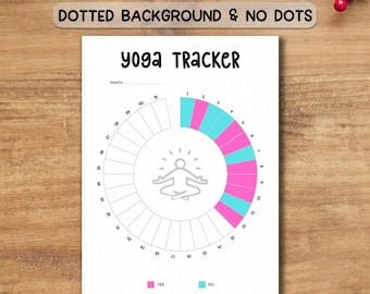 May include: A white yoga tracker sheet with the text "YOGA TRACKER" in a bold, black font. The tracker features a circular design with pink and teal segments, and a stick figure in a yoga pose. The text "A4 SIZE LETTER SIZE & A5 SIZE JOURNAL SIZE" is at the top.