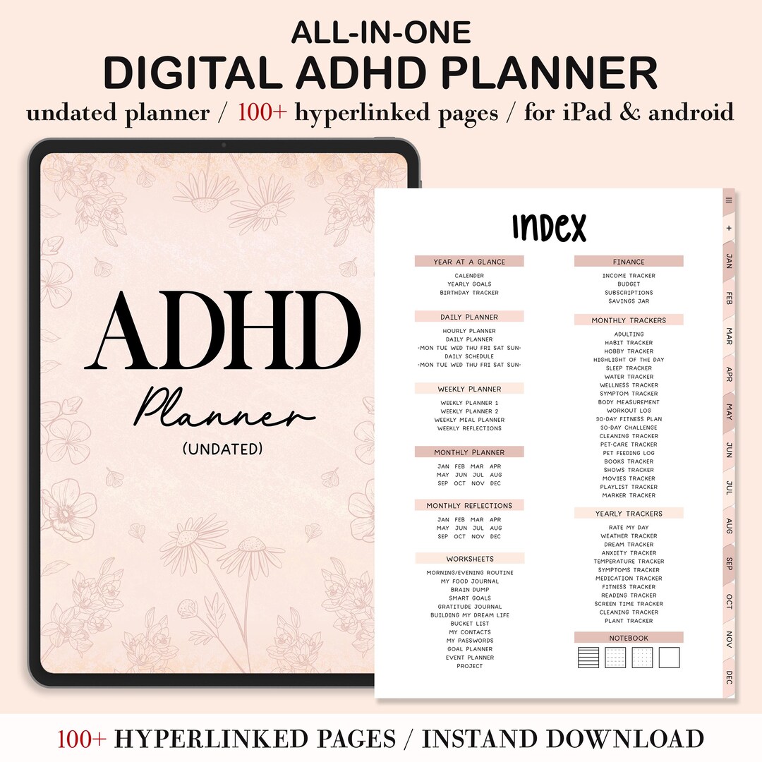 ADHD Digital Planner - Undated Hyperlinked PDF | Daily, Weekly, Monthly ...