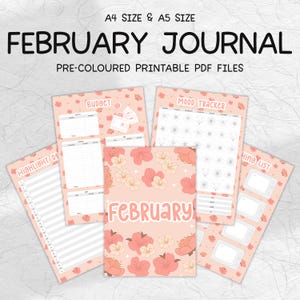 May include: Printable February journal pages with a pink floral design. The pages include a budget tracker, mood tracker, highlight of the month, and a to-do list.