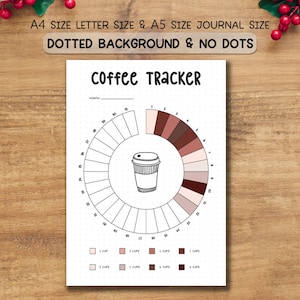 Può includere: Una pagina di diario di monitoraggio del caffè bianca con la scritta "Coffee Tracker". Il diario ha un design circolare con spazi per monitorare il consumo di caffè e un disegno di una tazza di caffè. Il testo "A4 SIZE LETTER SIZE & A5 SIZE JOURNAL SIZE" è in alto.