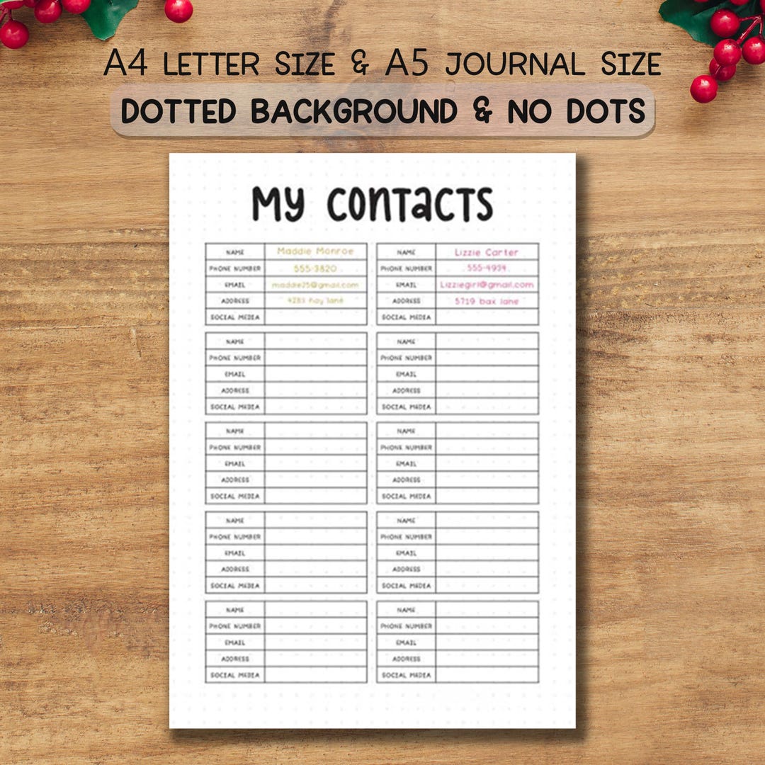 Contacts Organizer Printable PDF | A4 A5 Dotted & Non-dotted Pages ...