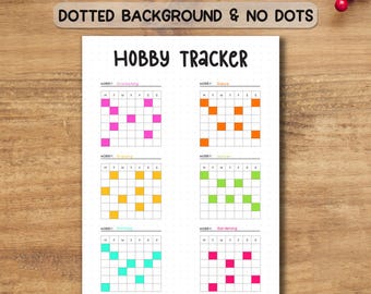 May include: A white Hobby Tracker journal page with a dotted background. The page features six hobby trackers with colorful squares for tracking activities. Text at the top reads "A4 SIZE LETTER SIZE & A5 SIZE JOURNAL SIZE" and "DOTTED BACKGROUND & NO DOTS".