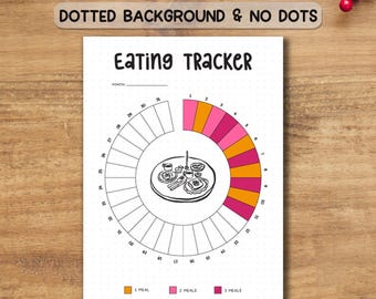 Peut inclure: Une page de journal blanche avec le titre "Eating Tracker". Elle présente un design circulaire pour le suivi des repas, avec une illustration centrale d'un repas. Le texte "A4 SIZE LETTER SIZE & A5 SIZE JOURNAL SIZE" est en haut.