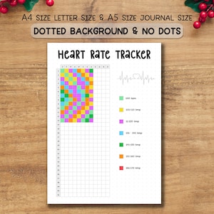 Puede incluir: Una página de diario blanca con un diseño de seguimiento de la frecuencia cardíaca. Presenta el texto "Heart Rate Tracker", una cuadrícula colorida y una leyenda de rangos de frecuencia cardíaca. Adecuado para tamaños A4 y A5, con fondo punteado.