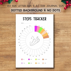 May include: A white Steps Tracker journal page with a dotted background. The page features a circular step tracker with a shoe graphic and color-coded sections for tracking steps. Text at the top reads "A4 SIZE LETTER SIZE & A5 SIZE JOURNAL SIZE DOTTED BACKGROUND & NO DOTS".