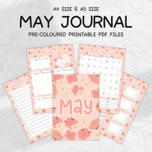 May include: Printable May journal pages in A4 and A5 sizes. The pages feature a pink floral design with a white background. The pages include a budget tracker, mood tracker, highlight of the month, and a to-do list.