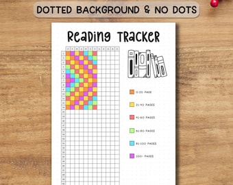 May include: A white reading tracker with the text "Reading Tracker" at the top. The tracker includes a grid for tracking reading progress, a colorful section for marking pages read, and a key for page ranges. The text "A4 SIZE LETTER SIZE & A5 SIZE JOURNAL SIZE" is at the top.