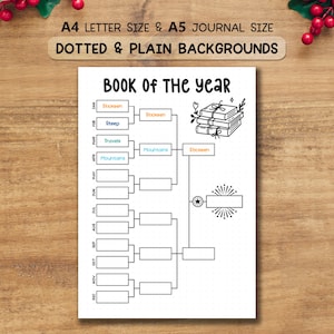 May include: A white journal page with a dotted background, designed for a "Book of the Year" list. The layout is a bracket style. Text includes "A4 Letter Size & A5 Journal Size" and "Dotted & Plain Backgrounds". The design features boxes for entries and a stack of books.