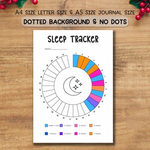 May include: A white sleep tracker journal page with a circular design. The tracker features a crescent moon and stars, with color-coded sections for tracking sleep duration. Text at the top reads "SLEEP TRACKER" and "A4 SIZE LETTER SIZE & A5 SIZE JOURNAL SIZE".