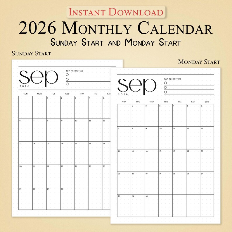 2026 Monthly Calendar Bundle Printable | A4/A5 Planner Pages | Sunday