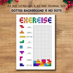May include: A white exercise journal with the word "EXERCISE" in colourful block letters. The journal includes a grid for tracking activities like walking, dancing, and biking. The text "A4 SIZE LETTER SIZE & A5 SIZE JOURNAL SIZE DOTTED BACKGROUND & NO DOTS" is at the top.