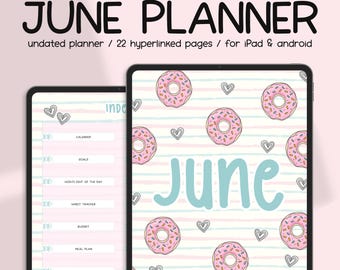 June Digital Planner PDF | Donut Theme Undated Planner for GoodNotes | Budget, Habit & Mood Tracker