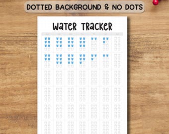 Puede incluir: Seguimiento de agua imprimible con fondo de puntos. El seguimiento tiene un encabezado que dice "Water Tracker" y está dividido en siete columnas para cada día de la semana. Cada columna tiene ocho filas con un icono de vaso en cada fila. Las dos primeras filas de cada columna están rellenas con iconos de vaso azules.