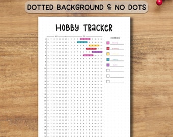 May include: A white hobby tracker journal with a dotted background. The journal includes the text "HOBBY TRACKER" and "HOBBIES". The journal has spaces for tracking hobbies, with color-coded sections and a calendar layout for April and May.