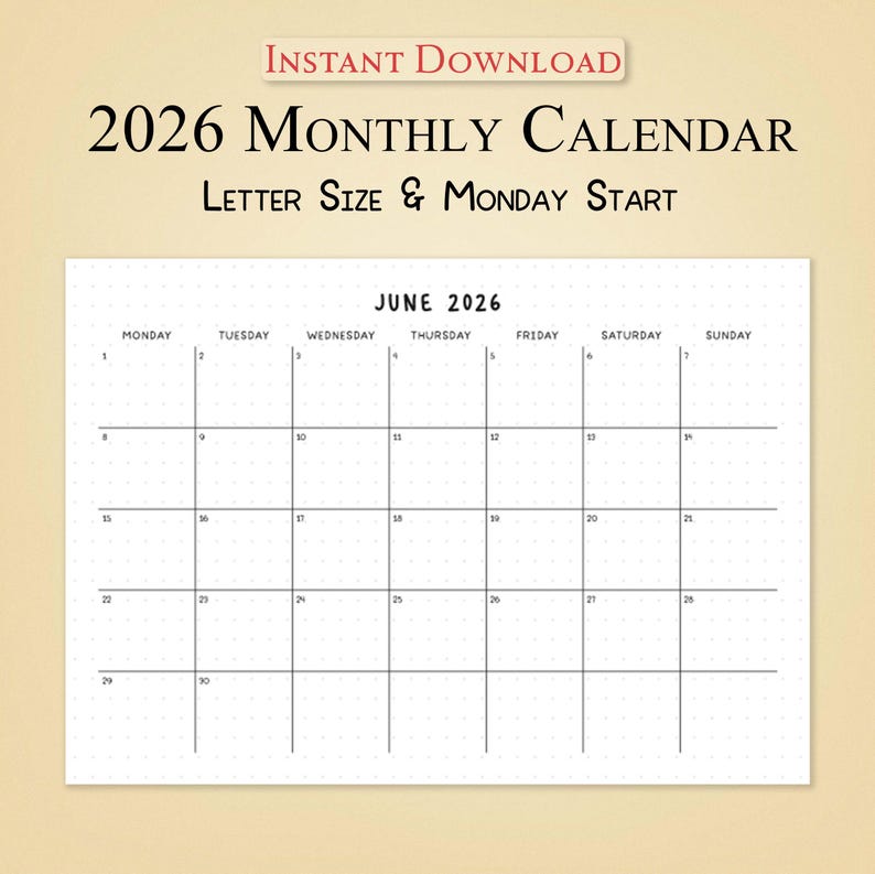 Monthly Calendar 2026 Bundle Printable | A4/A5 Journal Pages | Sunday