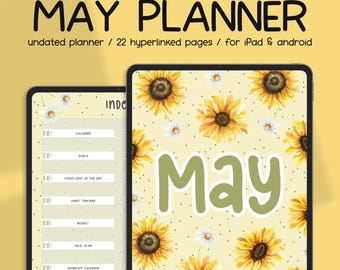 May Digital Planner PDF | Undated Floral Monthly Planner for GoodNotes | Habit, Mood & Finance Tracker