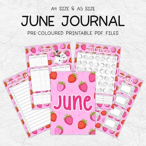 Op de afbeelding: Een verzameling roze, afdrukbare PDF-journalpagina's met een aardbeienthema. De pagina's bevatten een budgettracker, een moodtracker en een takenlijst. Het woord "June" staat prominent afgebeeld.