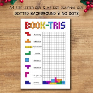 Puede incluir: Una página de diario blanca con el título "BOOK-TRIS" en letras pixeladas de colores. La página presenta una cuadrícula para el seguimiento de lecturas, con categorías como fantasía, romance y poesía. El texto en la parte superior dice "A4 SIZE LETTER SIZE & A5 SIZE JOURNAL SIZE DOTTED BACKGROUND & NO DOTS."