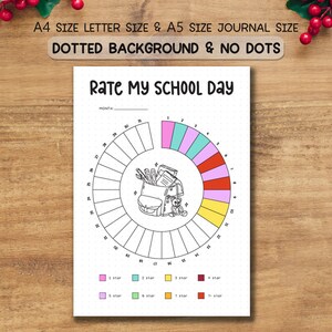Pode incluir: Uma página de diário imprimível branca com o texto "Rate My School Day". O design inclui um gráfico de classificação circular com segmentos coloridos e uma ilustração de mochila. A página está rotulada como "A4 SIZE LETTER SIZE & A5 SIZE JOURNAL SIZE".
