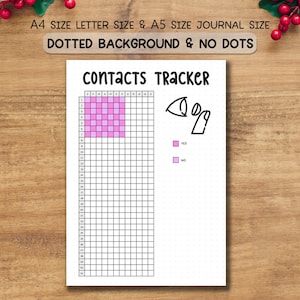 May include: A white contacts tracker journal page with a grid layout, pink highlighted squares, and the words "contacts tracker" at the top. The text "A4 SIZE LETTER SIZE & A5 SIZE JOURNAL SIZE" is at the top. The text "DOTTED BACKGROUND & NO DOTS" is also at the top.