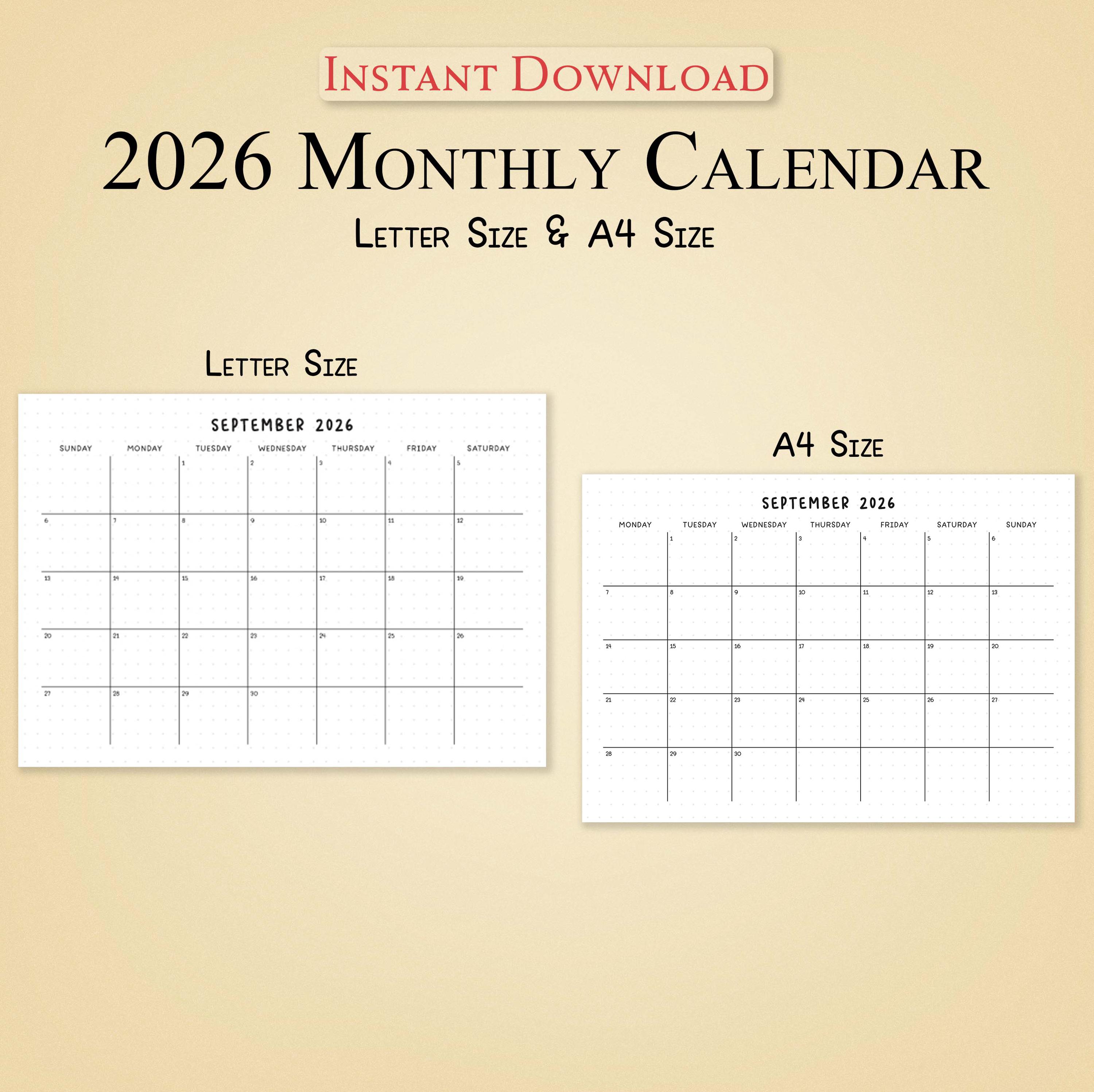 Monthly Calendar 2026 Bundle Printable | A4/A5 Journal Pages | Sunday
