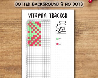 Pode incluir: Uma página de diário branca "Vitamin Tracker" com uma grade para rastrear vitaminas. A página inclui o texto "Vitamin Tracker", um gráfico codificado por cores e um gráfico de um frasco de comprimidos. Projetado para tamanhos A4 e A5.