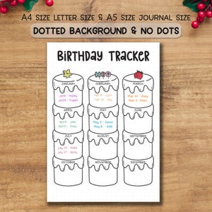 May include: A white birthday tracker journal page with cake illustrations for each month. The page includes the text "BIRTHDAY TRACKER" and the sizes "A4 SIZE LETTER SIZE & A5 SIZE JOURNAL SIZE". The page has a dotted background and no dots.