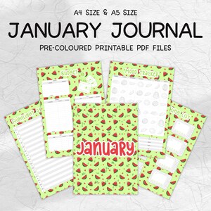 Printable January Journal Pages, Monthly Precolored Planner, Watermelon, January Agenda, Printable A5 Bullet Journal, Printable Planner
