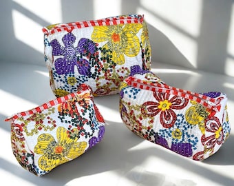 Elite - Block Printed Quilted Cotton Wash Bag: Waterproof Floral Travel Pouch (Set of 3)