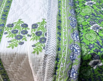 Taārini - Reversible Indian Quilt. Green Floral Pattern with White Background