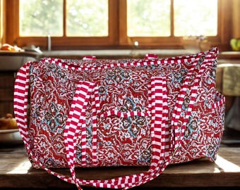 Lumieré- Block Printed Cotton Quilted Duffel Bag: Waterproof Travel Weekend Bag